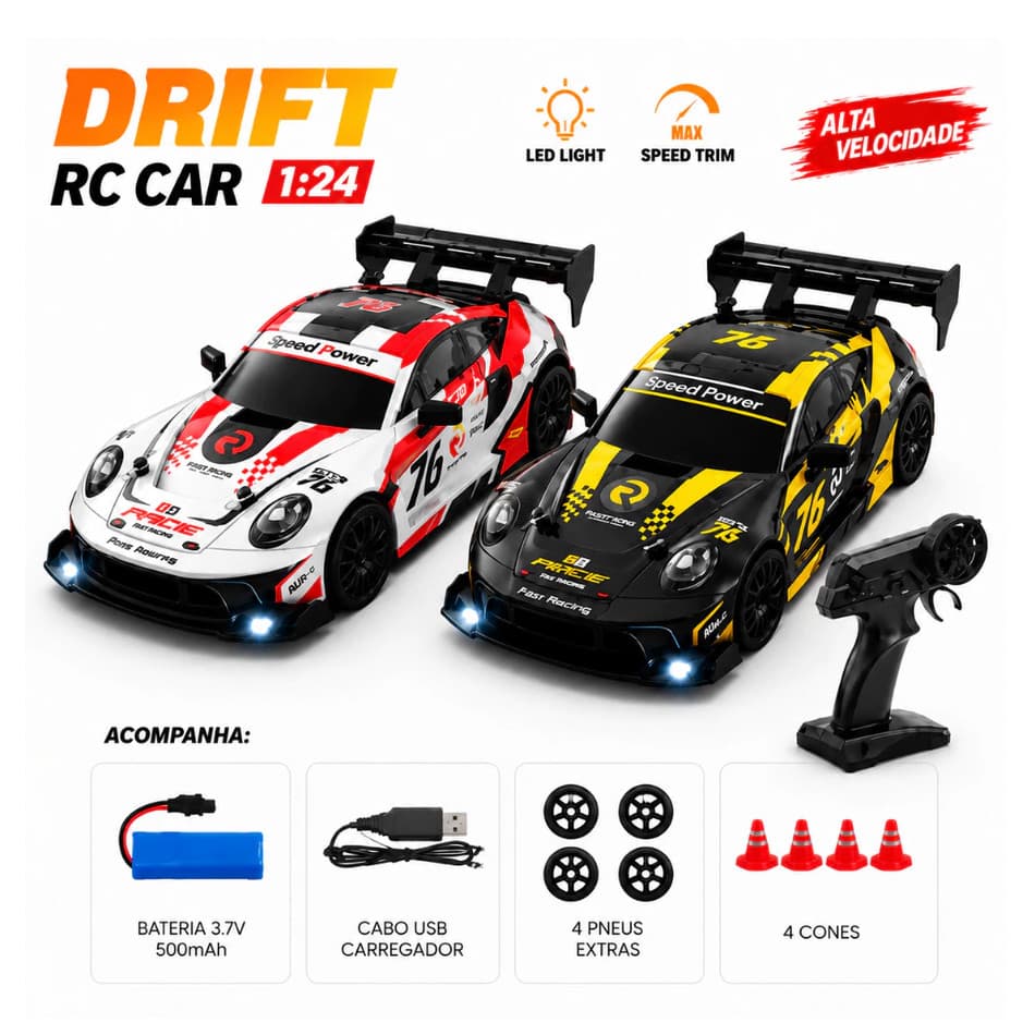 Carrinho de Controle Remoto para Drift BMW ou Porsche 1:24 AWD Brinquedo Acelerador Alta Velocidade