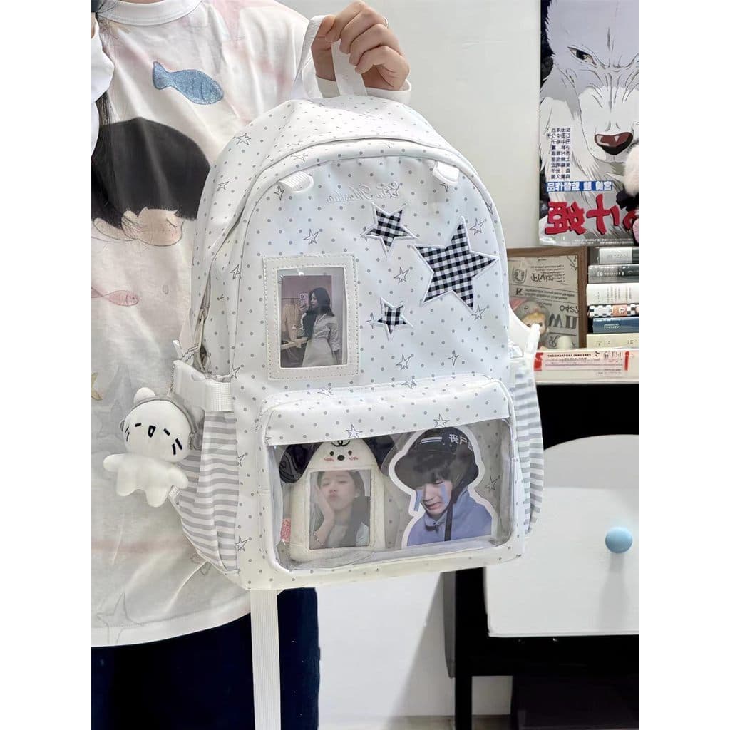Leite branco bolinhas loja completa estrela remendo mochila estudante festa estilo suave viagem de curta distância visit