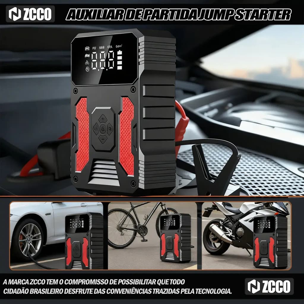 ZCCO Auxiliar Partida Bateria Portátil 12V Para Moto Carro Automotivo, Booster de Arranque Emergência