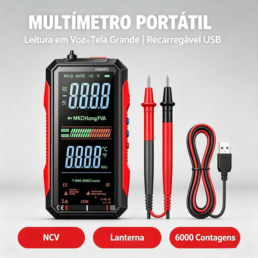 Multímetro Portátil Leitura em Voz Recarregável USB Tela Grande NCV Lanterna para Eletricista