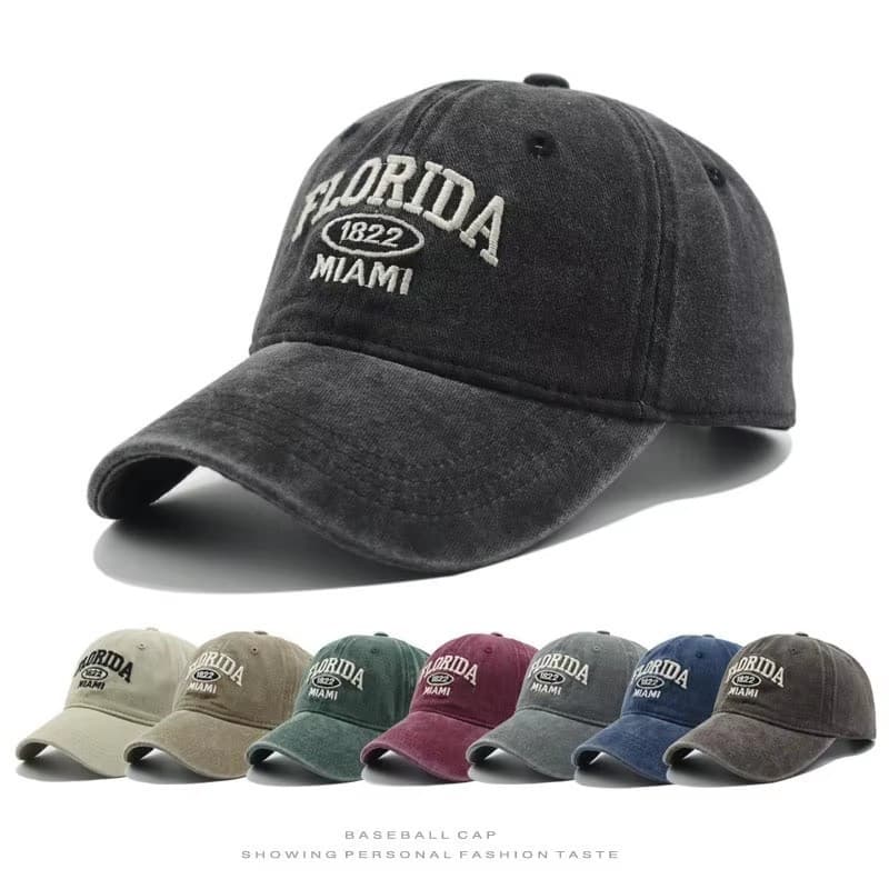 Boné de Beisebol Vintage em Denim Lavado para Homens e Mulheres com Padrão de Sol Bordado FLORIDA, Boné Casual Estilo Hi