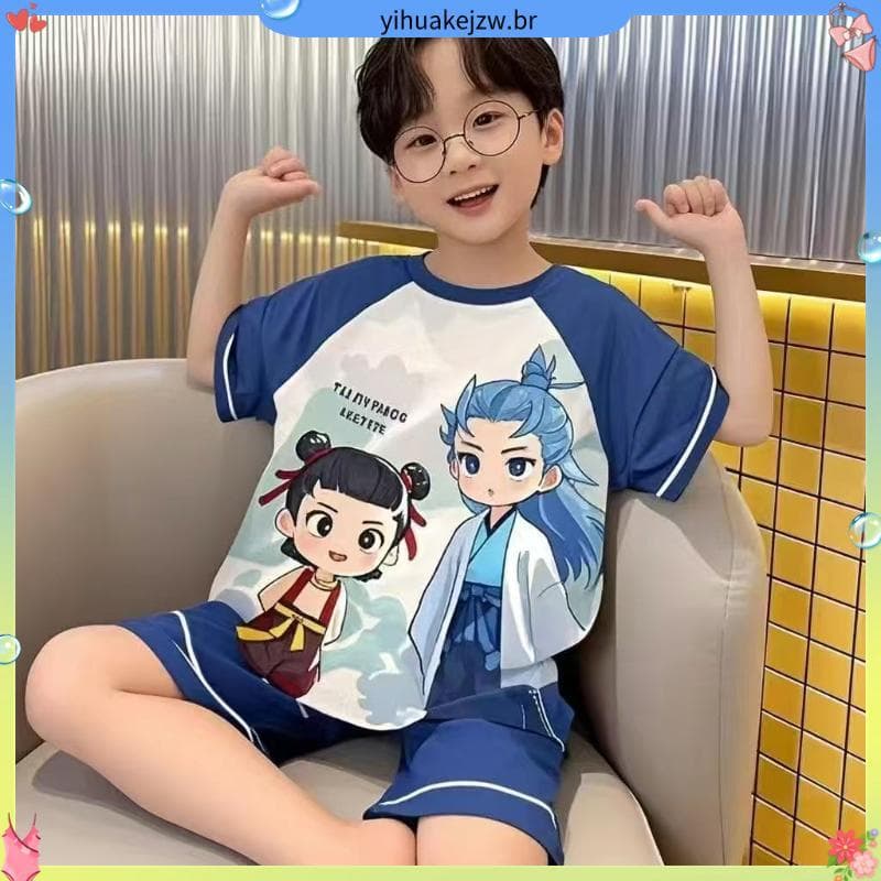 2025 novo estilo pijamas infantis meninos verão de manga curta Loungewear estilo fino médio grande crianças meninos solt