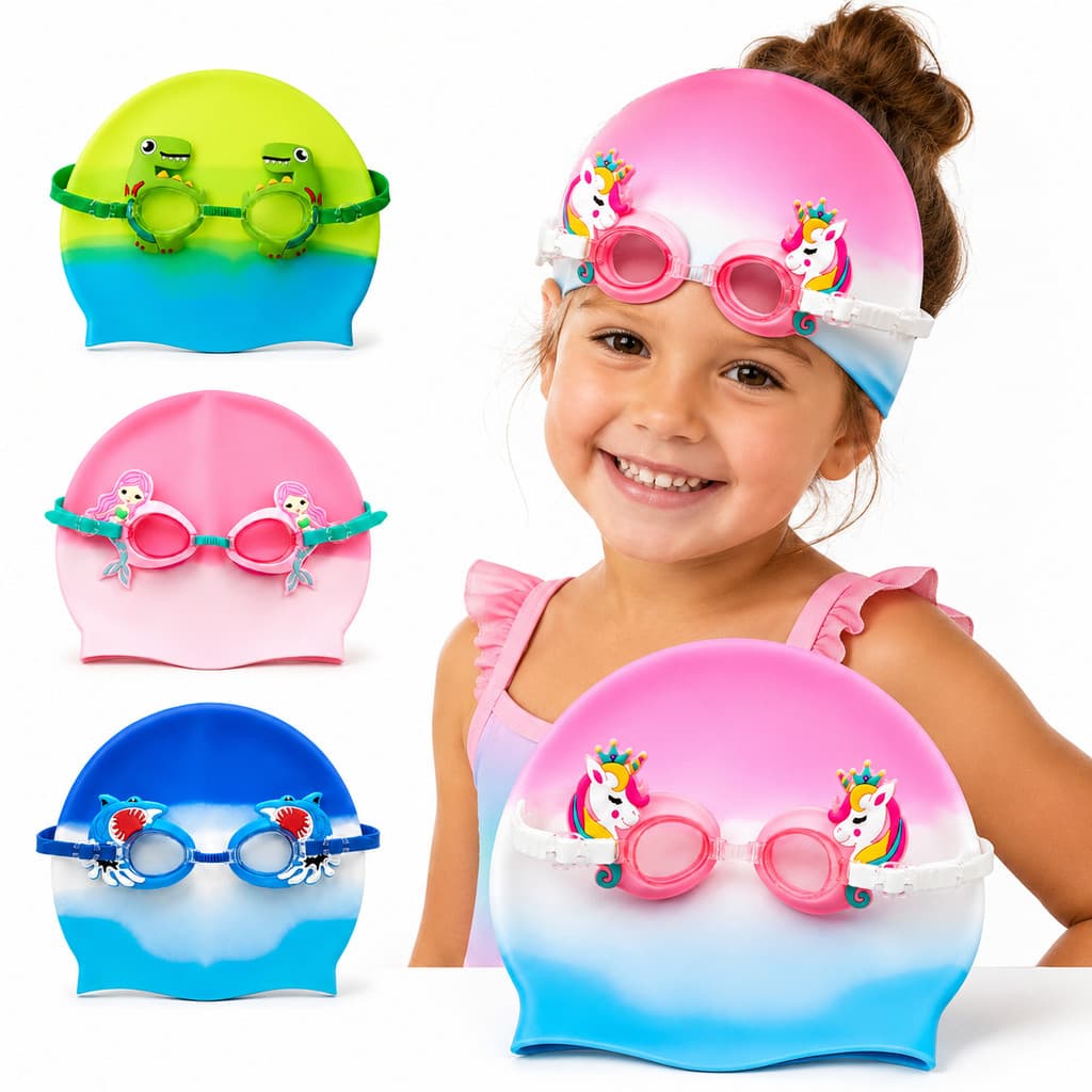 Óculos De Natação E Touca Sereia Dino Tubarão E Unicórnio Infantil Piscina Verão P/ Crianças DM Toys