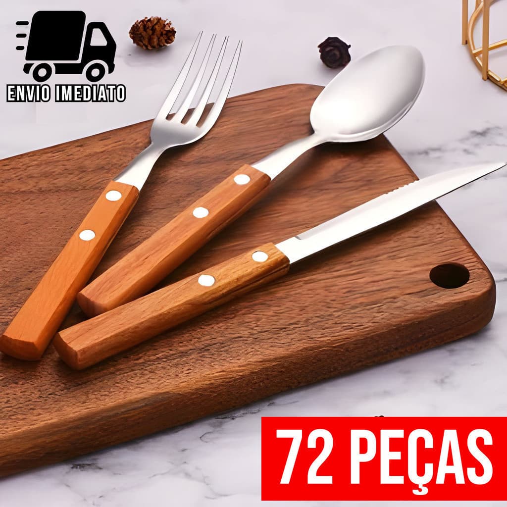 Jogo de Talher 72 Peças Prime Para Cozinha Cabo de Madeira Aço Inox Faca de Ponta Colher e Garfo