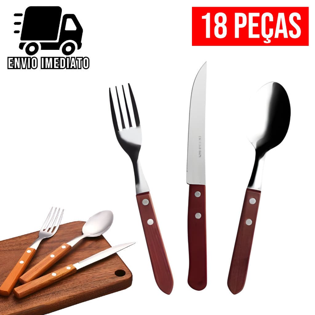 Jogo de Talheres 18 Peças Cabo de Madeira Aço Inox Faca de Ponta Colher e Garfo Wood Bambu