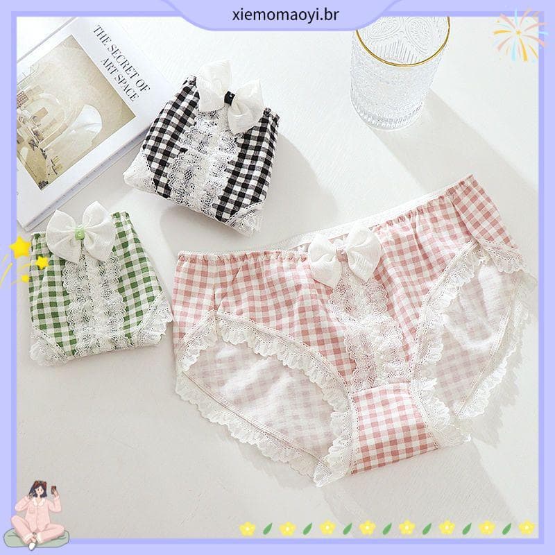 Estudantes japoneses único bonito renda doce estilo menina Retro xadrez arco meados de cintura algodão calcinha feminina