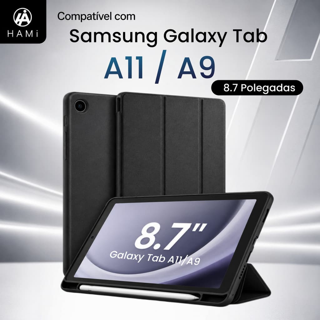 HAMI Capa Samsung Tab A11/ A9 8.7" Tri-Fold Silicone com Porta Caneta Auto Sleep Wake Proteção Total