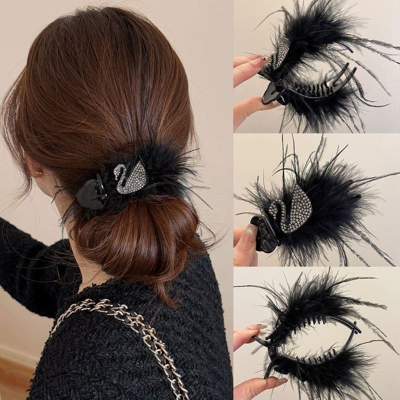 Clipe de pena de cabeça de bola de cisne feminino outono inverno 2025 novo estilo High-End sentir grampo de cabelo volta