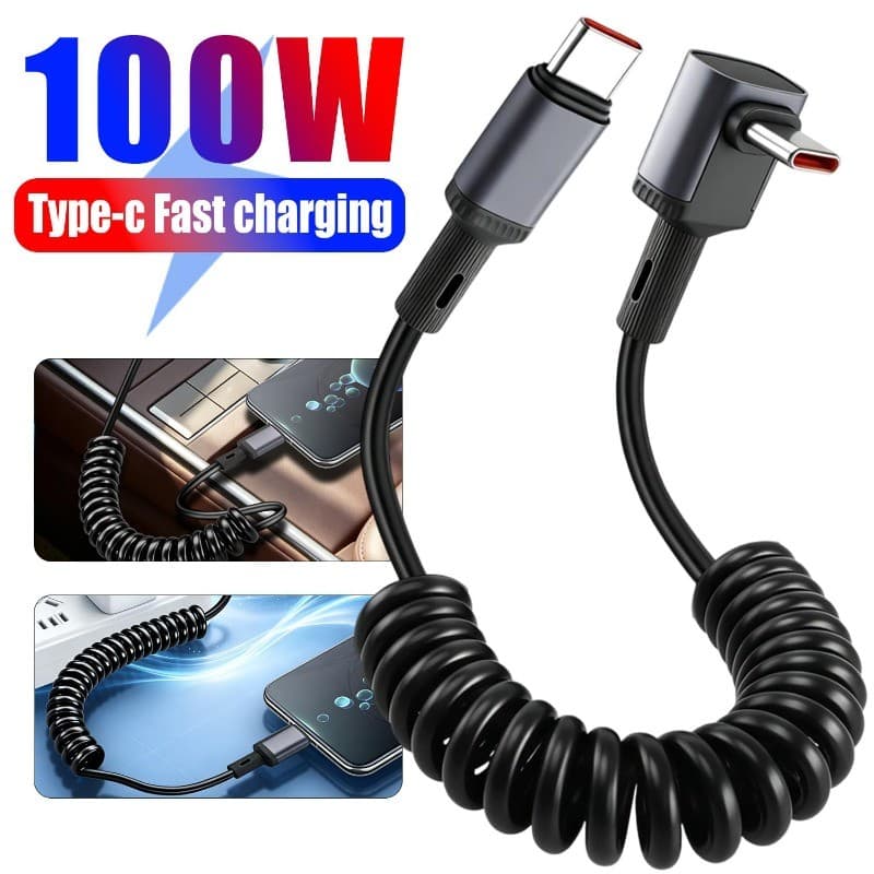 Cabo 100W Tipo C Para-De Dados-90 ° Cotovelo De Carregamento Rápido-Acessórios Carregador-USB A Mola Retrátil Enrolada