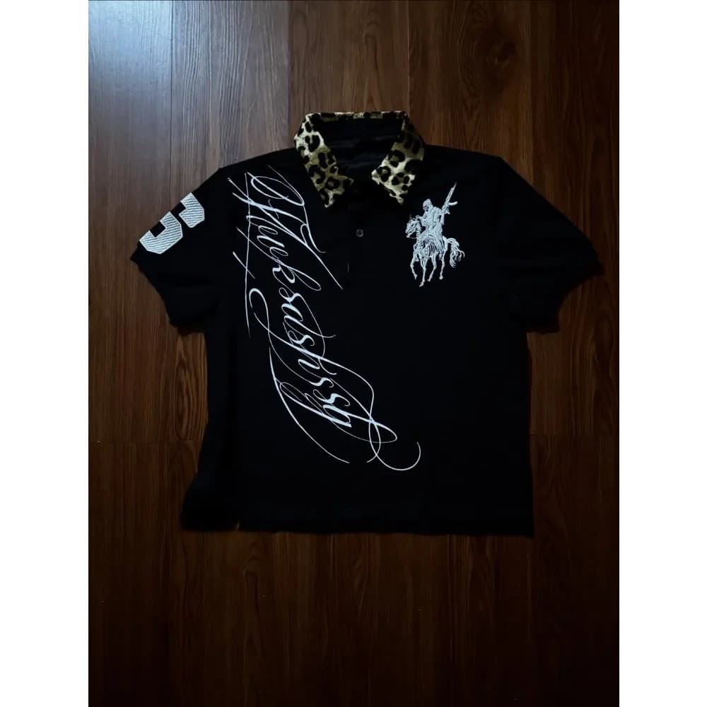 Y2K Harajuku Leopard Collar Lapela Polo Camisa Retro Bordado Hip Hop High Street Trend Camiseta
