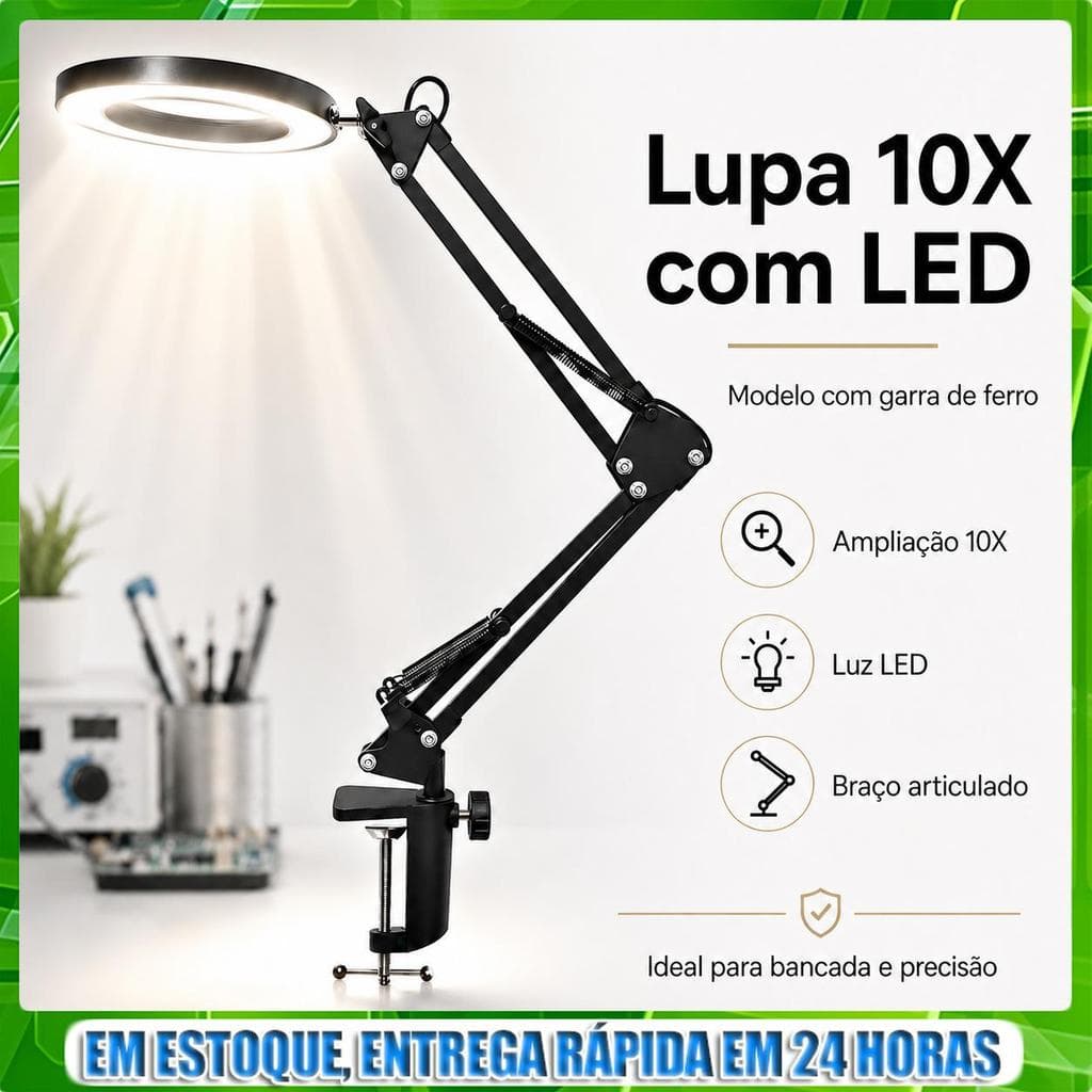 Candeeiro De Mesa Articulado Com Lente De Ampliação 10X , LED , Base De Metal Para Leitura , Manicure , Uso Em Escritóri