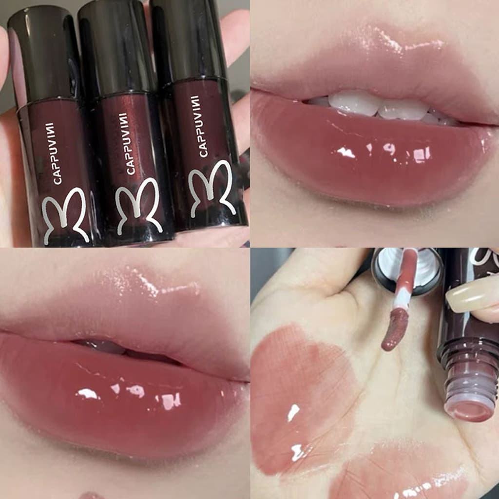 Brilho labial em tubo preto pequeno, brilho labial cor chá com leite brilhante, reduz as linhas dos lábios, hidrata e nu