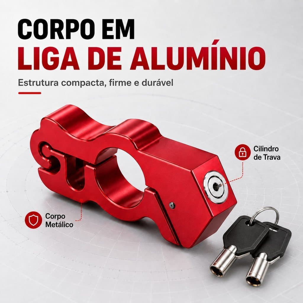 Trava Manete Antifurto Vermelha para Moto Scooter e Bike, Guidão Freio Acelerador, Alumínio, 2 Chaves