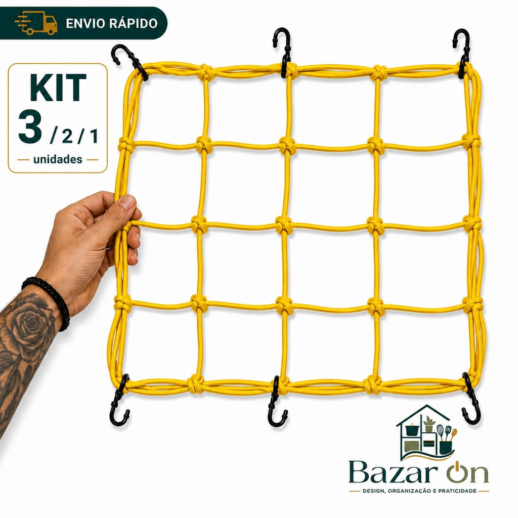 Kit 3/2/1 Rede Elástico Aranha Moto Bagageiro Prende Capacete Com Ganchos Qualidade 30x30cm Fixar