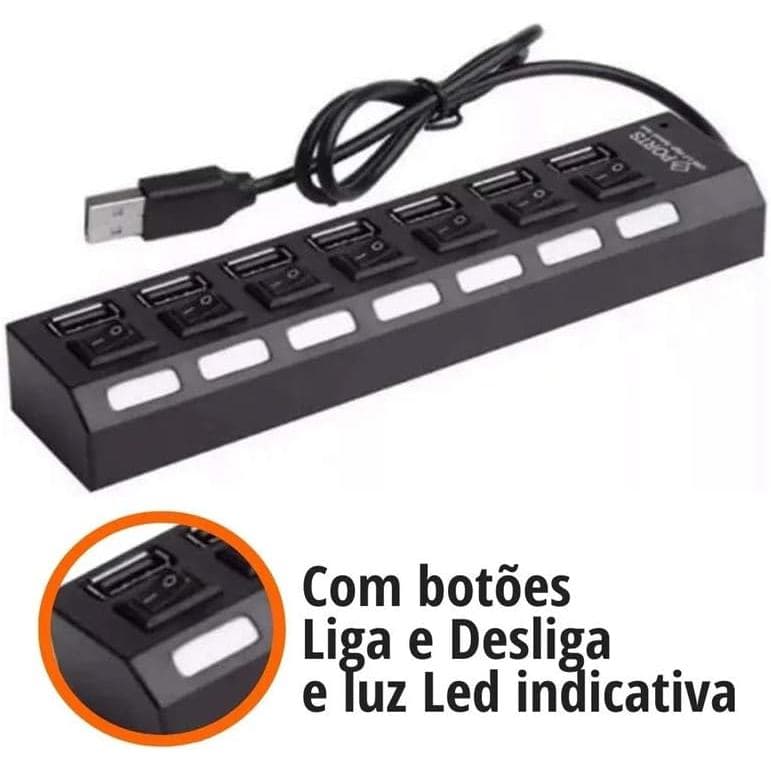 HUB USB 7 Portas 2.0 Com Botão Liga Desliga Carregamento e Transferência Dados