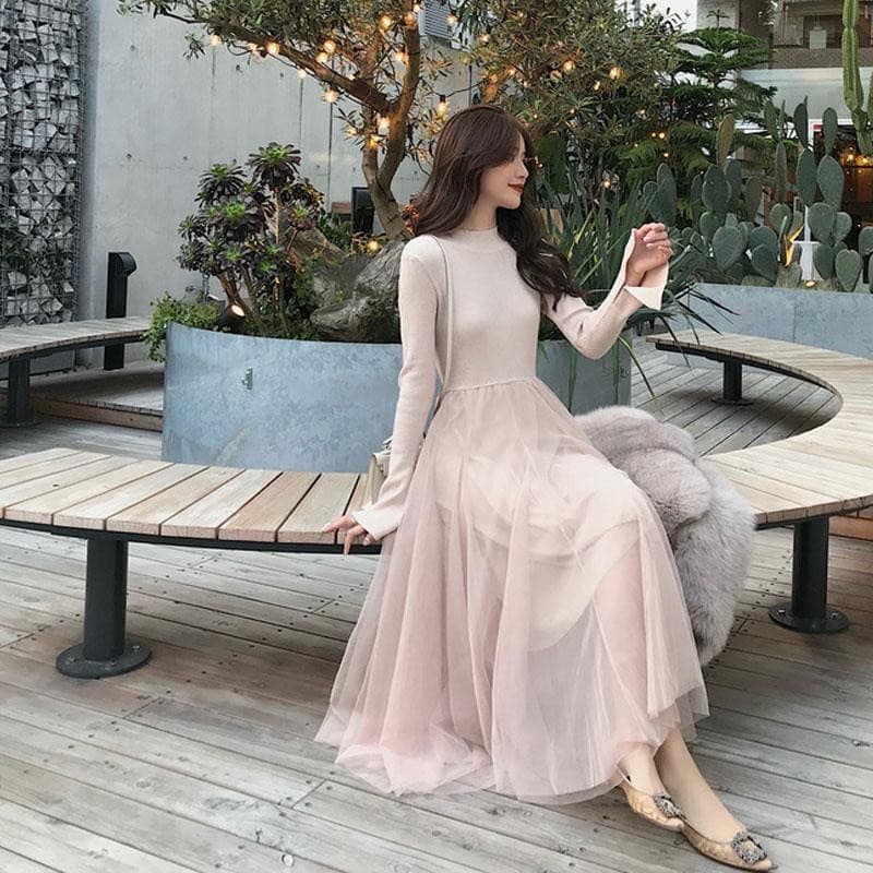 K malha costura gaze saia feminina outono inverno 2026 novo estilo francês Retro cintura estreita camisola de compriment