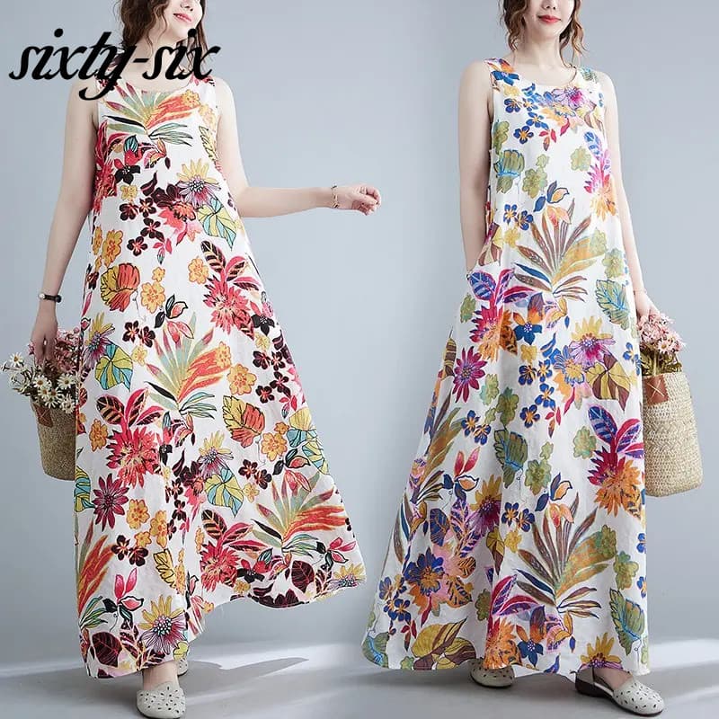 Vestido longo floral solto sem mangas, estilo feminino, casual e elegante, gola redonda, vestido muçulmano, vestido casu