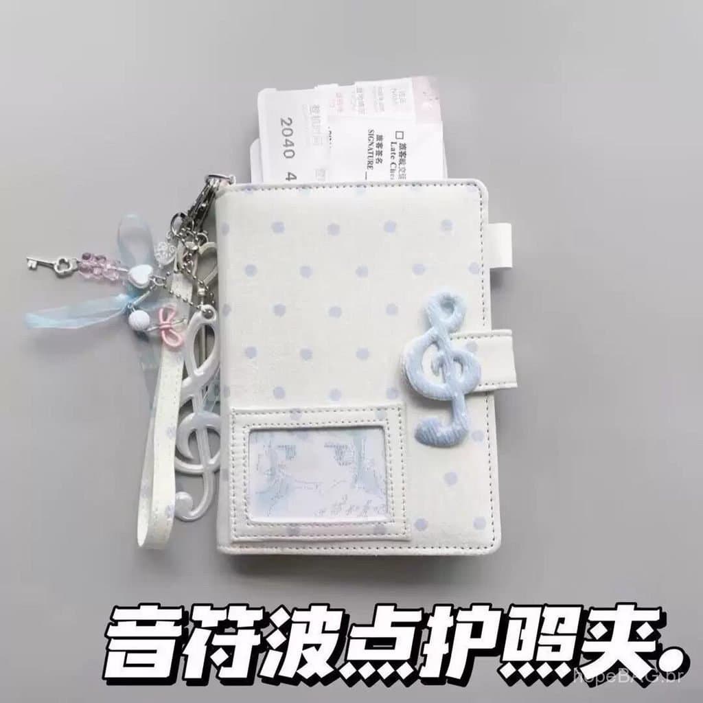Porta-passaporte estilo coreano com bolinhas azuis e nota musical, organizador multifuncional de documentos de viagem, c