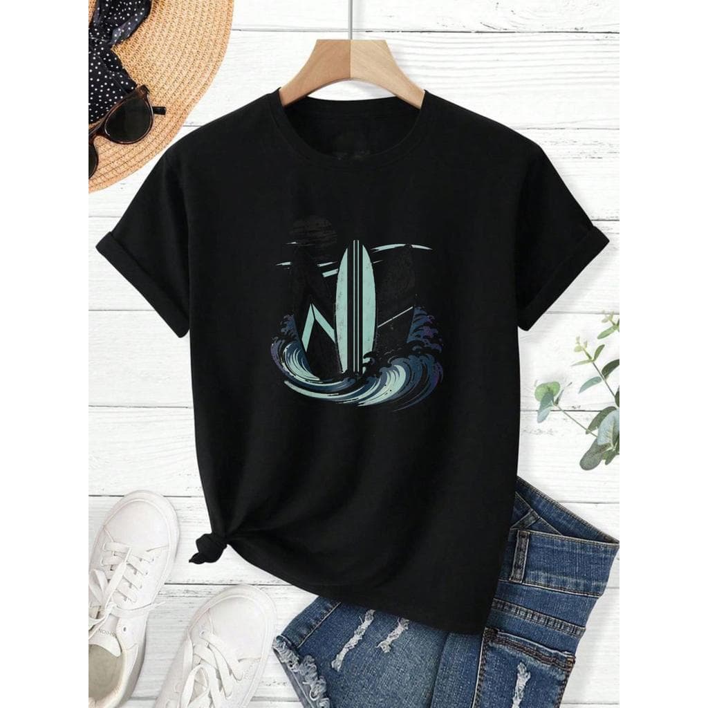 Camiseta Masculina 100% Algodão Estampa Pranchas e Ondas Estilo Surf Casual