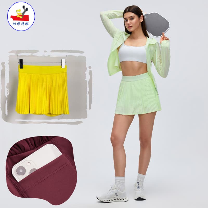 WSX verão esportes saia curta feminina cintura alta mais magro olhar saia Anti-reflexo tênis esportes Yoga saia plissada