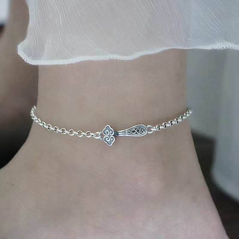 Tornozeleira Vintage com Pingente Auspicioso, Prata Tailandesa, Estilo Unissex para Casais, Estilo Étnico Simples e Únic