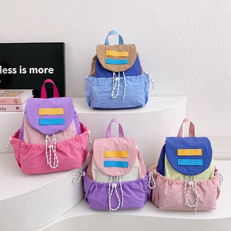 Nova mochila com cordão e design em blocos de cor para meninos e meninas, leve, para o jardim de infância e viagens infa