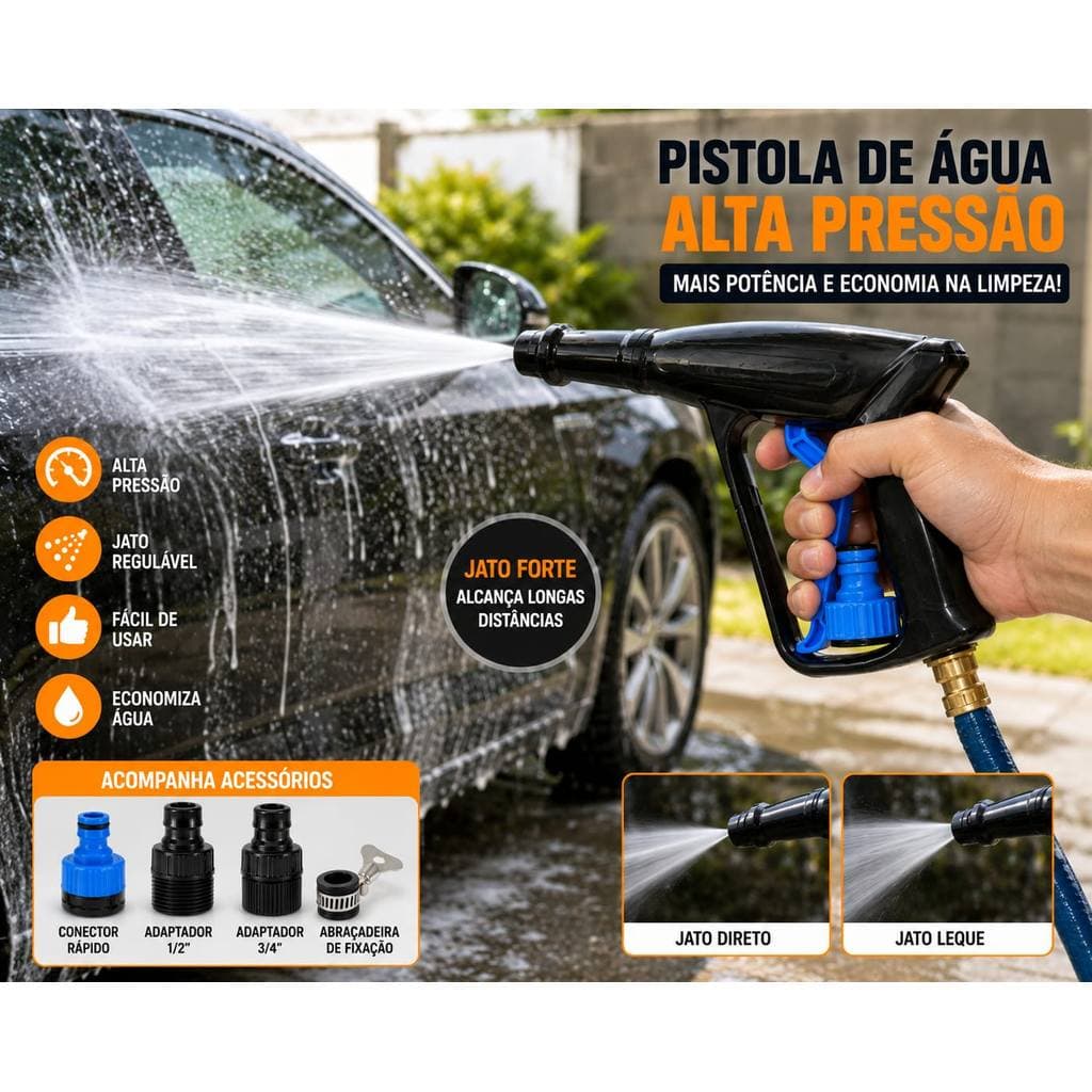Pistola de Água Alta Pressão para Mangueira com Adaptadores Jato Regulável Lavagem de Carros Jardim