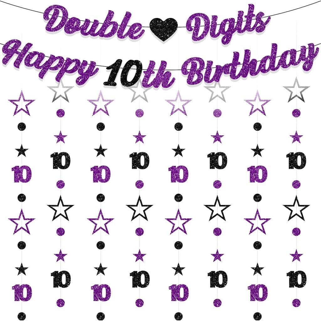 Decoração de Aniversário de 10 Anos para Meninas - 10 Peças de Faixa Preta e Roxa com Glitter, Faixa de Números Duplos,