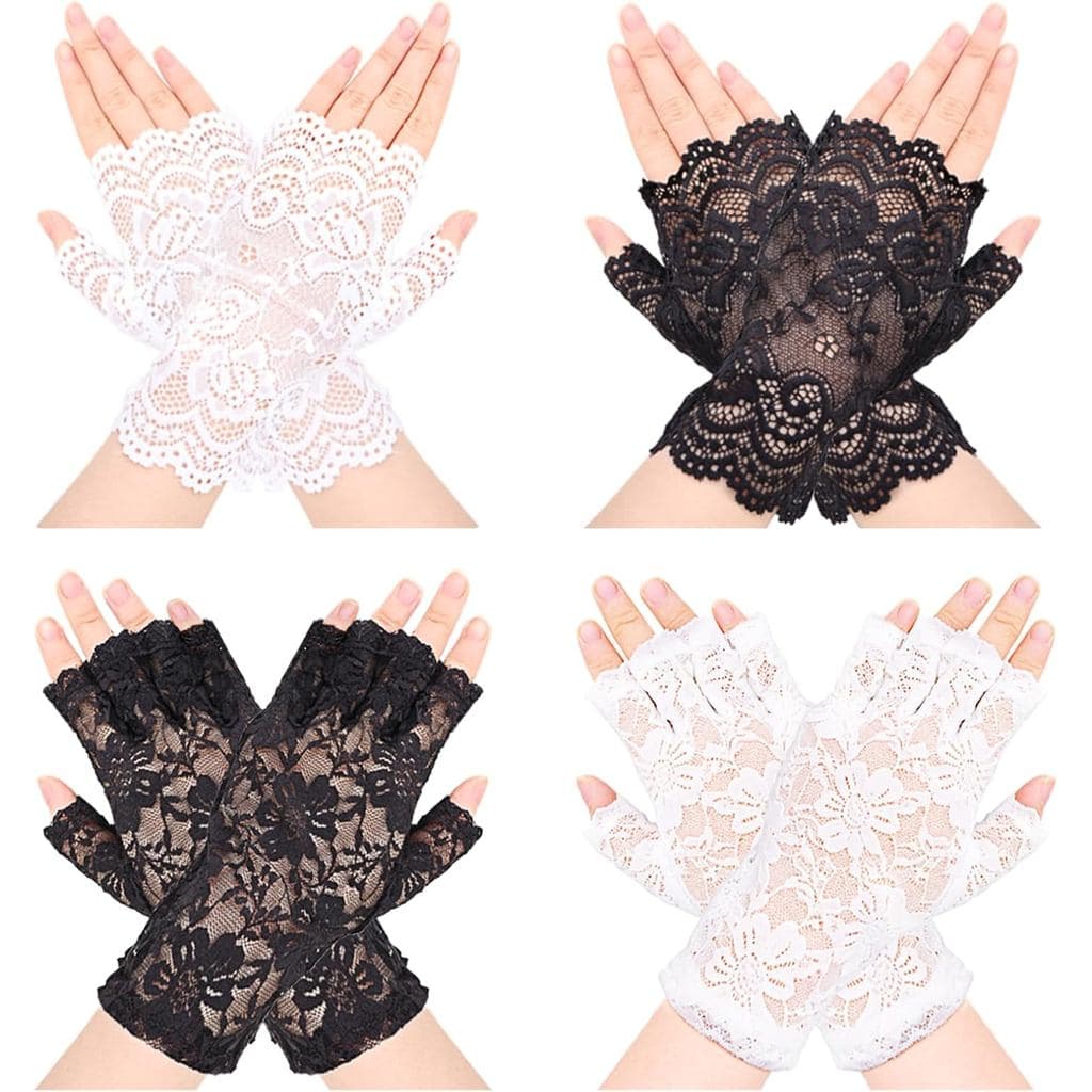 4 Pares de Luvas Curtas de Renda para Mulheres, Sem Dedos, com Renda Floral, Luvas de Pulso para Noivas, Festa de Chá, Ó