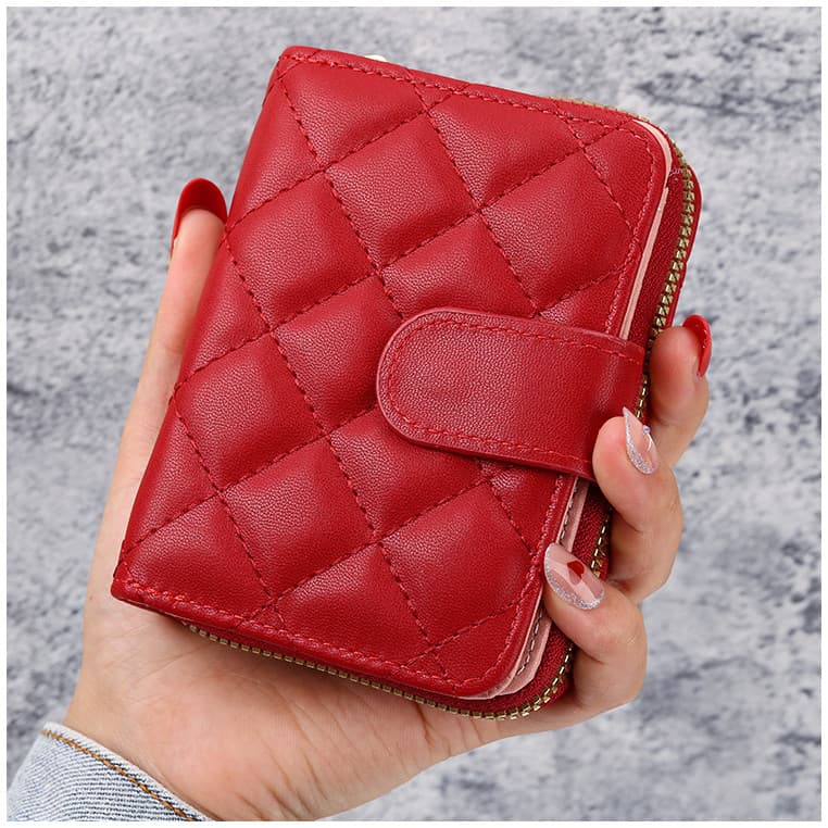 Nova carteira feminina pequena com padrão de diamante, porta-moedas de couro com zíper curto.