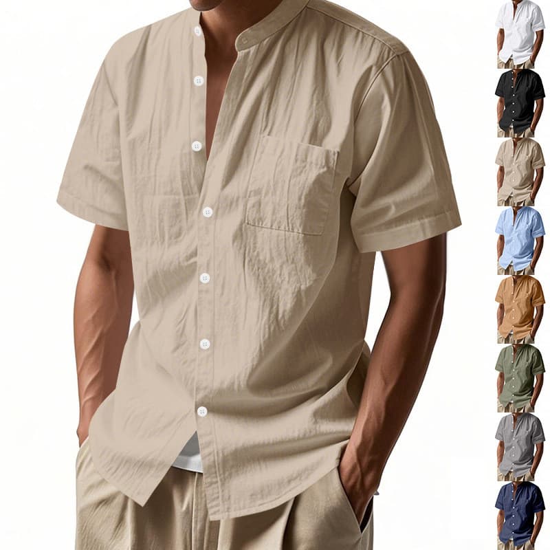 Cardigan de linho solto masculino verão cor sólida Casual gola praia camisa de manga curta