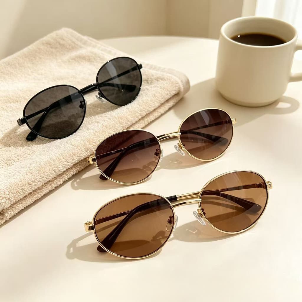 Óculos de Sol Aviador Oval Armação Metálica Dourada, Lente Preta, Proteção UV400, Modelo Unissex Estilo Vintage