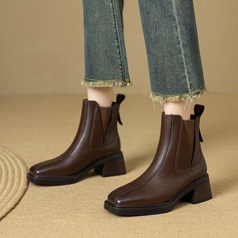 Botas curtas Chelsea de sola grossa femininas, estilo inverno, bico quadrado, salto grosso, botas Martin femininas, boca