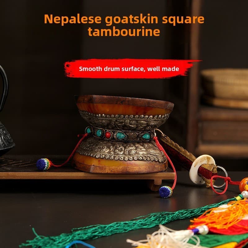 Nepal pele de carneiro quadrado pandeiro estilo tibetano moldura de cobre pandeiro características étnicas artesanato or