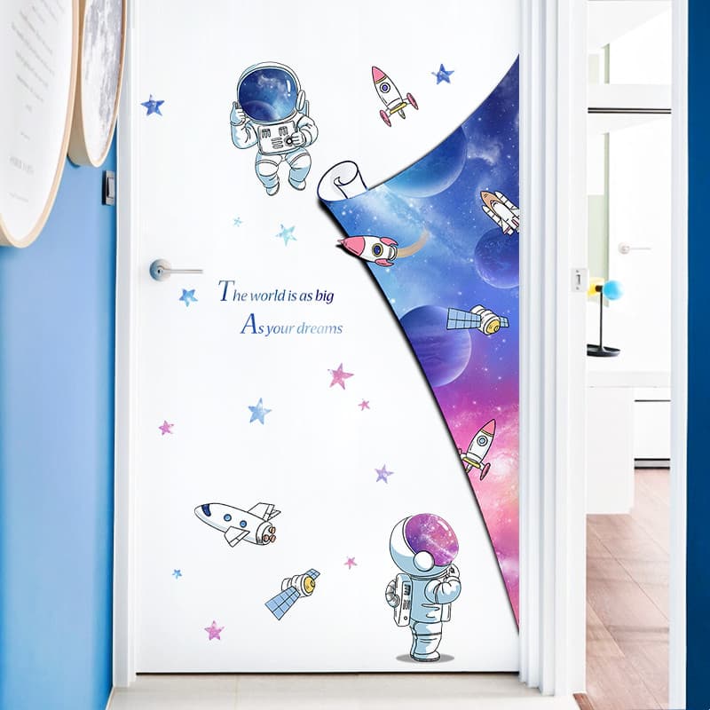 Decoração de quarto infantil adesivos de porta desenhos animados céu estrelado adesivos astronauta papel de parede auto-