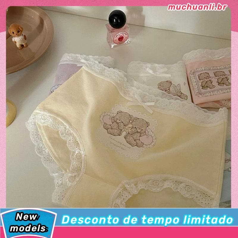Japonês bonito renda guarnição puro desejo doce Lolita confortável cintura média menina algodão urso Briefs estudantes