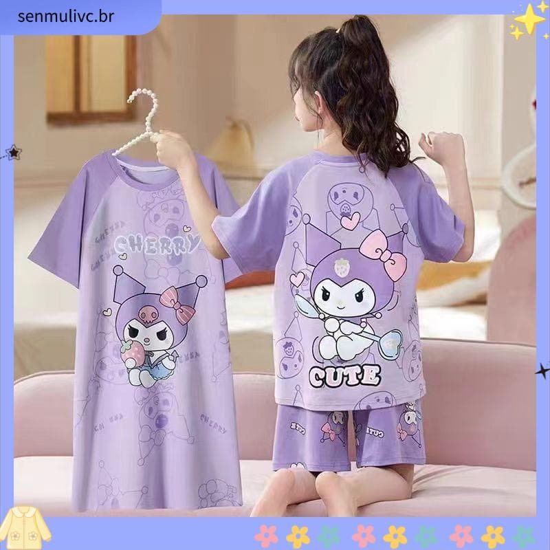 Pijamas de três peças para meninas 2025 novo estilo verão fino Shorts de manga curta camisola terno crianças meninas Hom