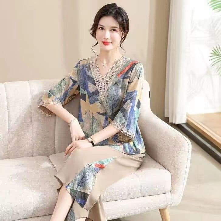 Mãe vestido de verão moda duas peças verão feminino Plus Size terno solto