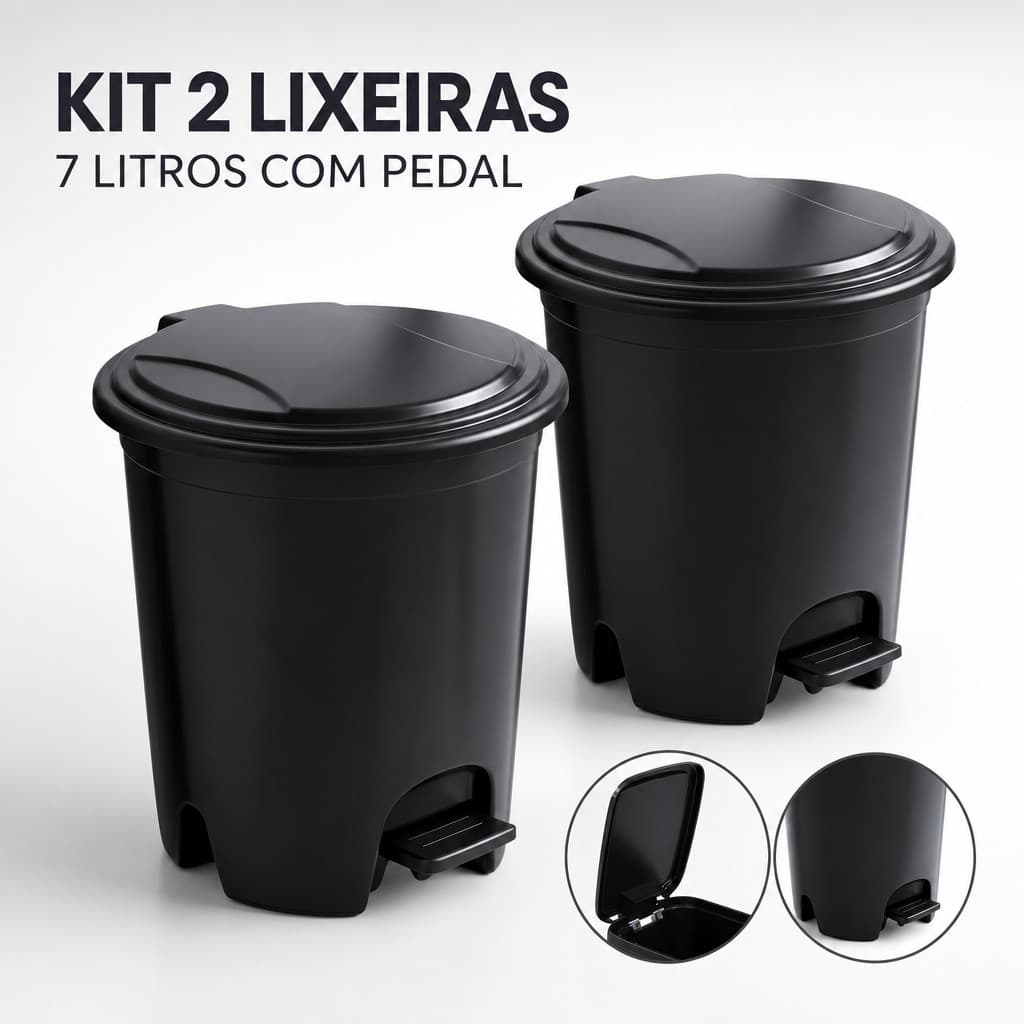 Kit 2 Lixeira Banheiro Pedal 7 Litros Plástico Escritório Lixeira Banheiro Escritório