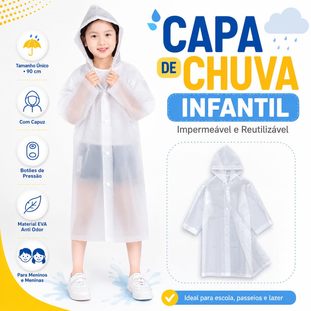 Capa de Chuva Infantil Impermeável com Capuz Menino Menina Reutilizável