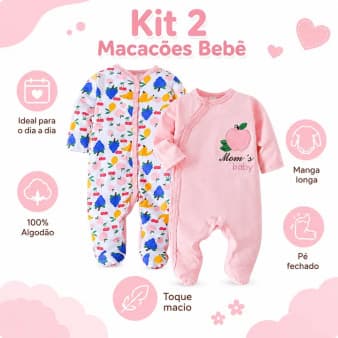 Conjunto 2 Macacões para Bebê Menina, Algodão Macio, Abertura Lateral com Botões, Manga Longa e Pé Fechado
