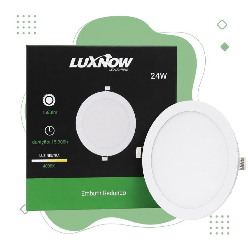 Painel Led Embutido Redondo 24W 4000K - Luxnow - 29,5cm x 29,5cm - Luz Neutra