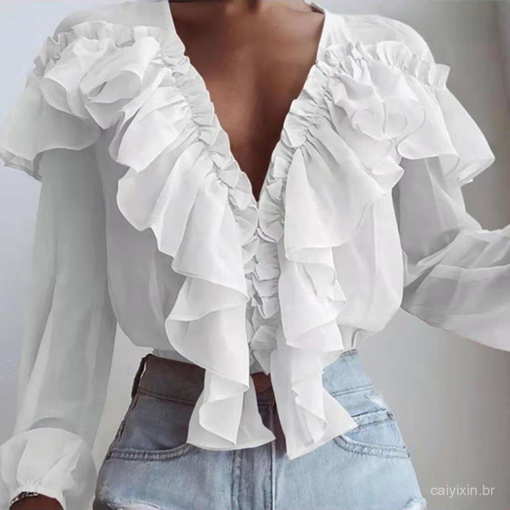 Camisa de Chiffon Solta com Decote em V, Manga Longa, Cor Sólida, Gola com Babados, Blusa Pulôver Elegante CG8H