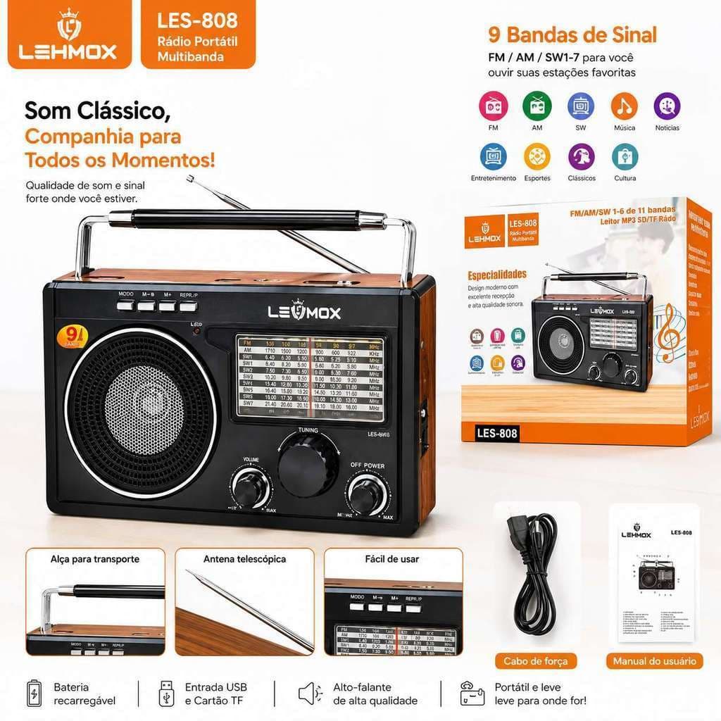 Caixa de Som Portátil Retro Les-808 Rádio FM AM Lanterna Caixinha de Musica MP3 USB Cartão SD AUX