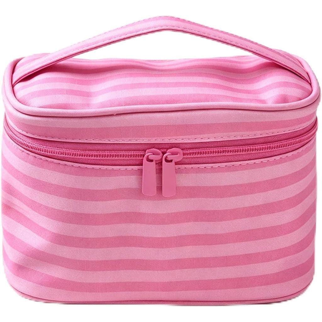 Bolsa de maquiagem listrada, mini organizador de maquiagem com bolsos de malha, bolsa pequena portátil para uso diário.