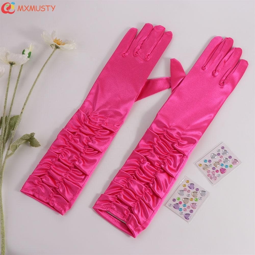 MXMUSTY Luvas Rosa Para Festa , Longas Plissadas Com Dedos Inteiros E Diamantes