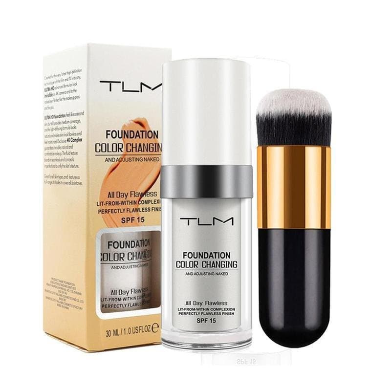 Base de Maquiagem que Muda de Cor com Pincel de Maquiagem, 2 Unidades/Conjunto, Maquiagem Natural de Longa Duração, Crem