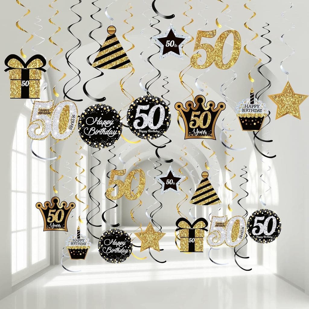 Blulu Decorações de Festa de 50º Aniversário, Espirais Penduradas de Papel Metalizado, Enfeites de Teto com Glitter para