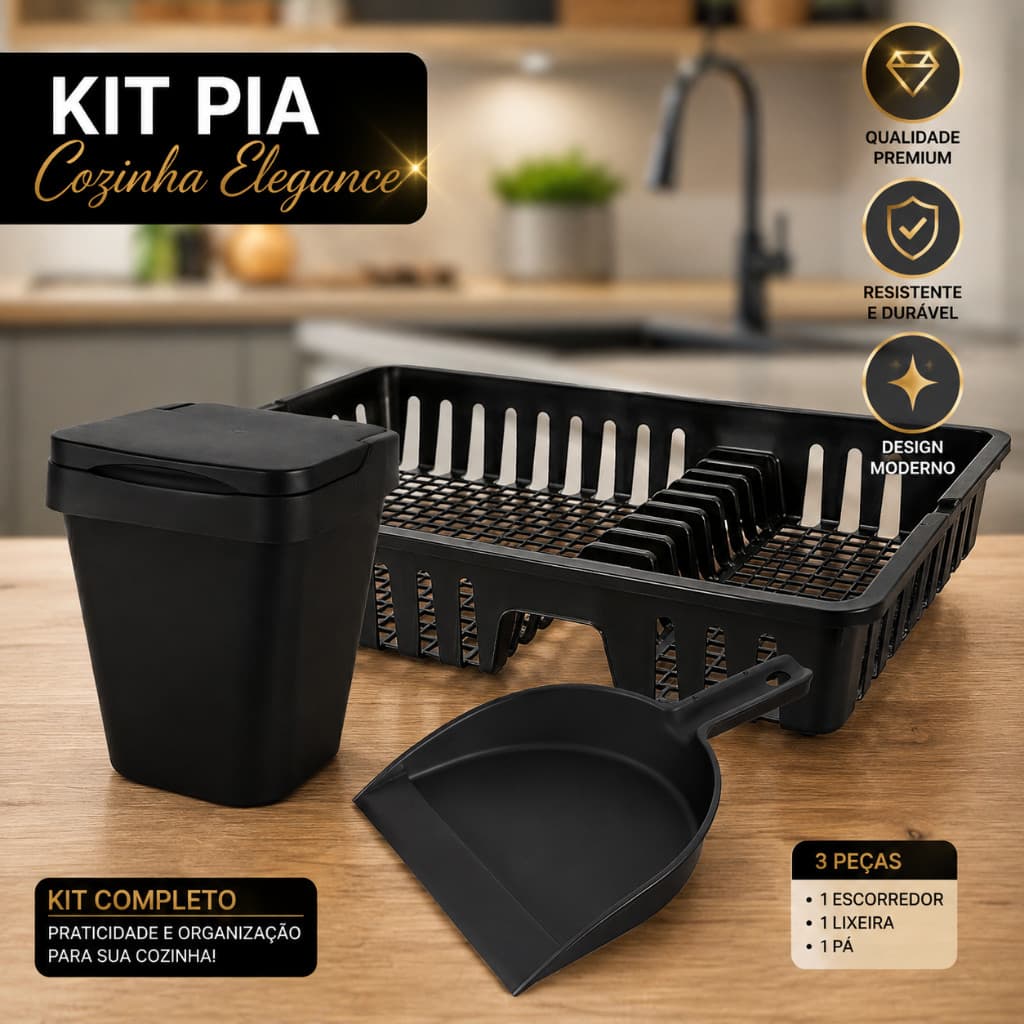 Kit Pia Cozinha 3 Peças Escorredor de Louças + Lixeira 5L + Pá de Limpeza Preto Organizador de Pia Multiuso