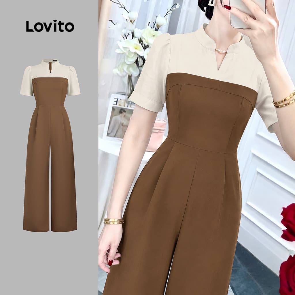 (New Arrival) Lovito Macacão Elegante Falso 2 em 1 Colorblock Zíper Primavera/verão Cáqui Macacão feminino L195ED036